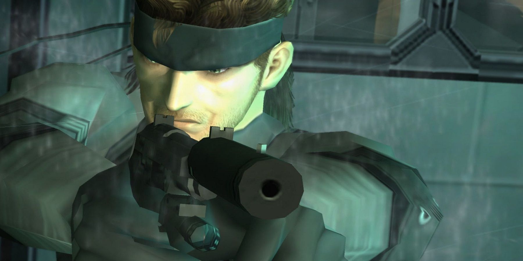 Solid snake pointing a gun in Metal Gear Solid 2.