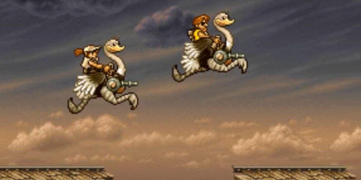 Two characters ride ostriches in a Metal Slug game