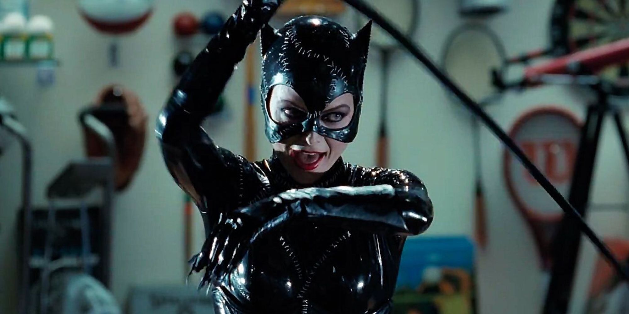 Catwoman wielding her whip in Shreck Plaza in Batman Returns
