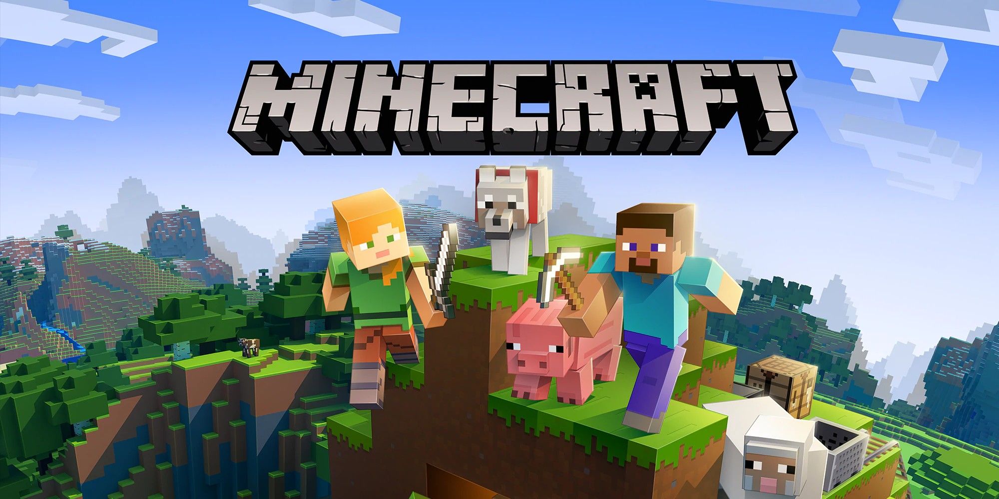 Minecraft cover art with players, enemies, and animals