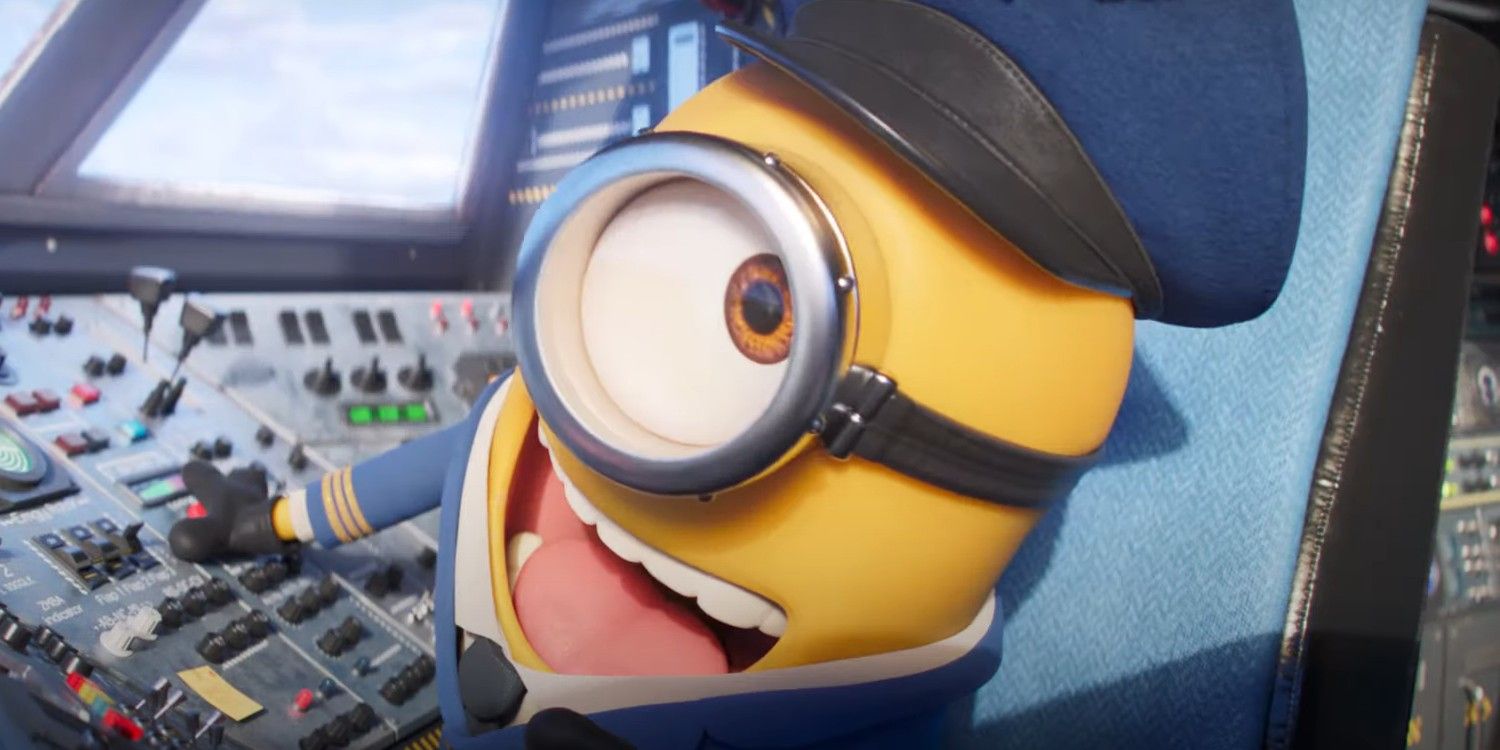 Un minion que ríe mientras pilotea un avión y vestido como piloto de Mi Villano Favorito