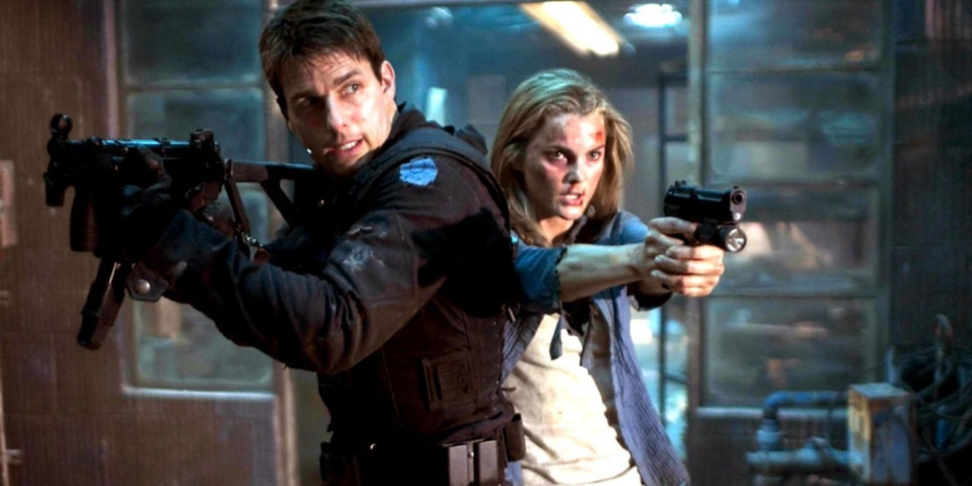Ethan and Lindsay pointing their guns in Mission Impossible III