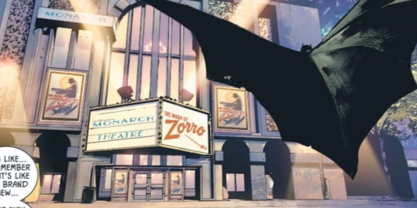 Batman flies to the Monarch Theatre in Gotham 