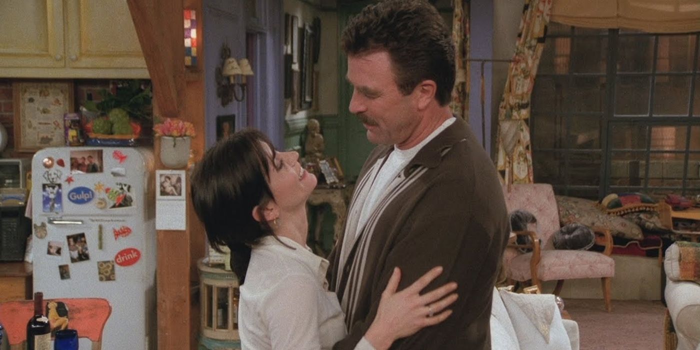 Monica and Richard hold each other on Friends