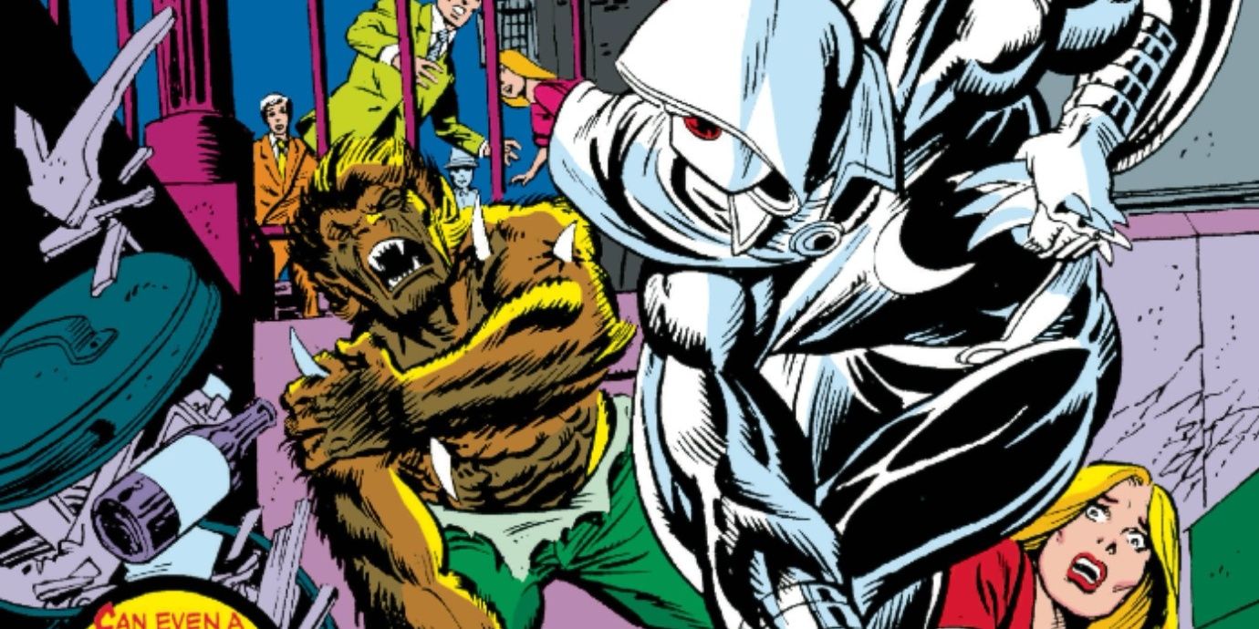 Moon Knight fights Werewolf By Night in Marvel Comics.