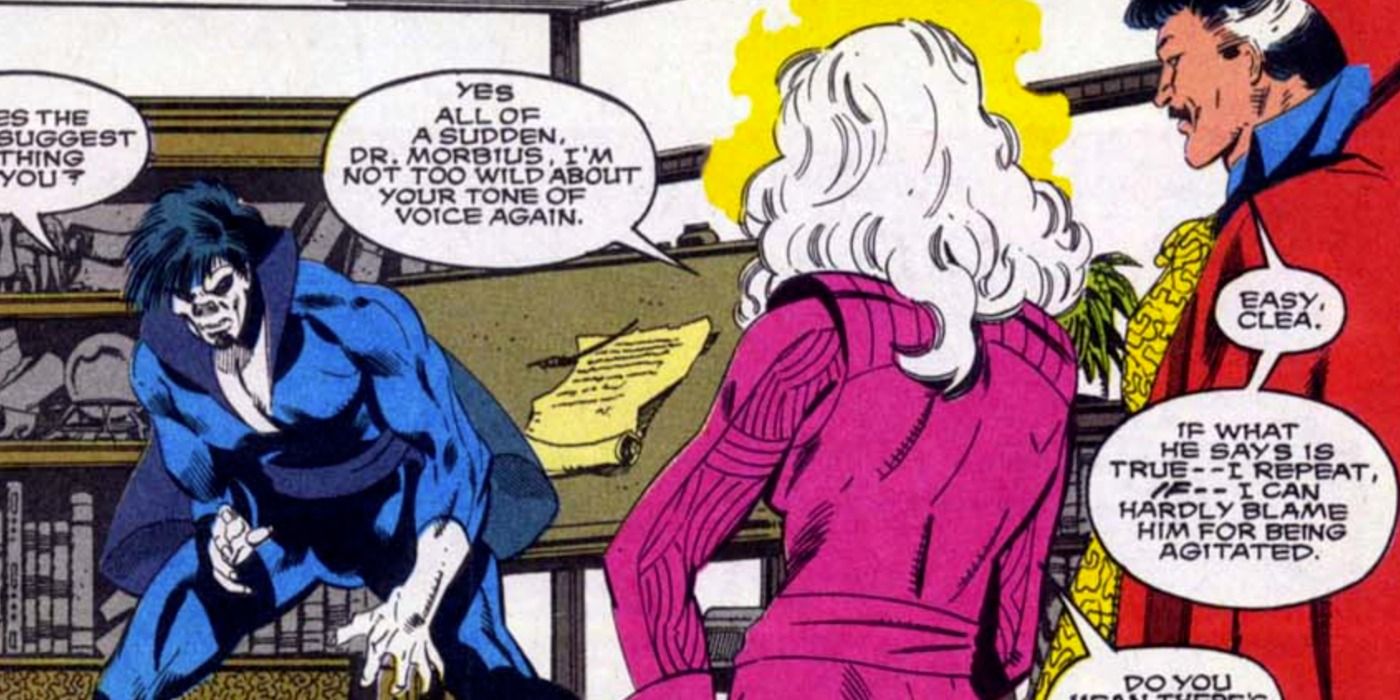 Morbius encounters Doctor Strange and Clea in Marvel Comics.