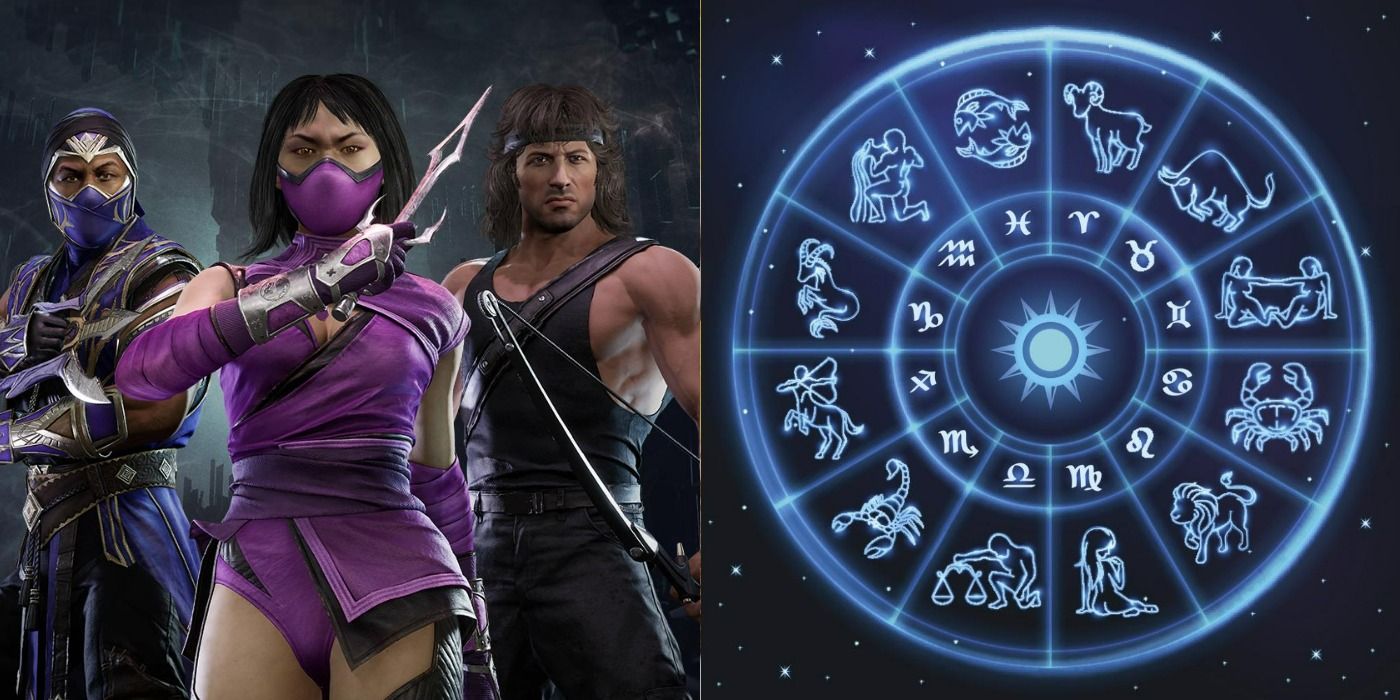 Split image of characters in Mortal Kombat and a Zodiac wheel