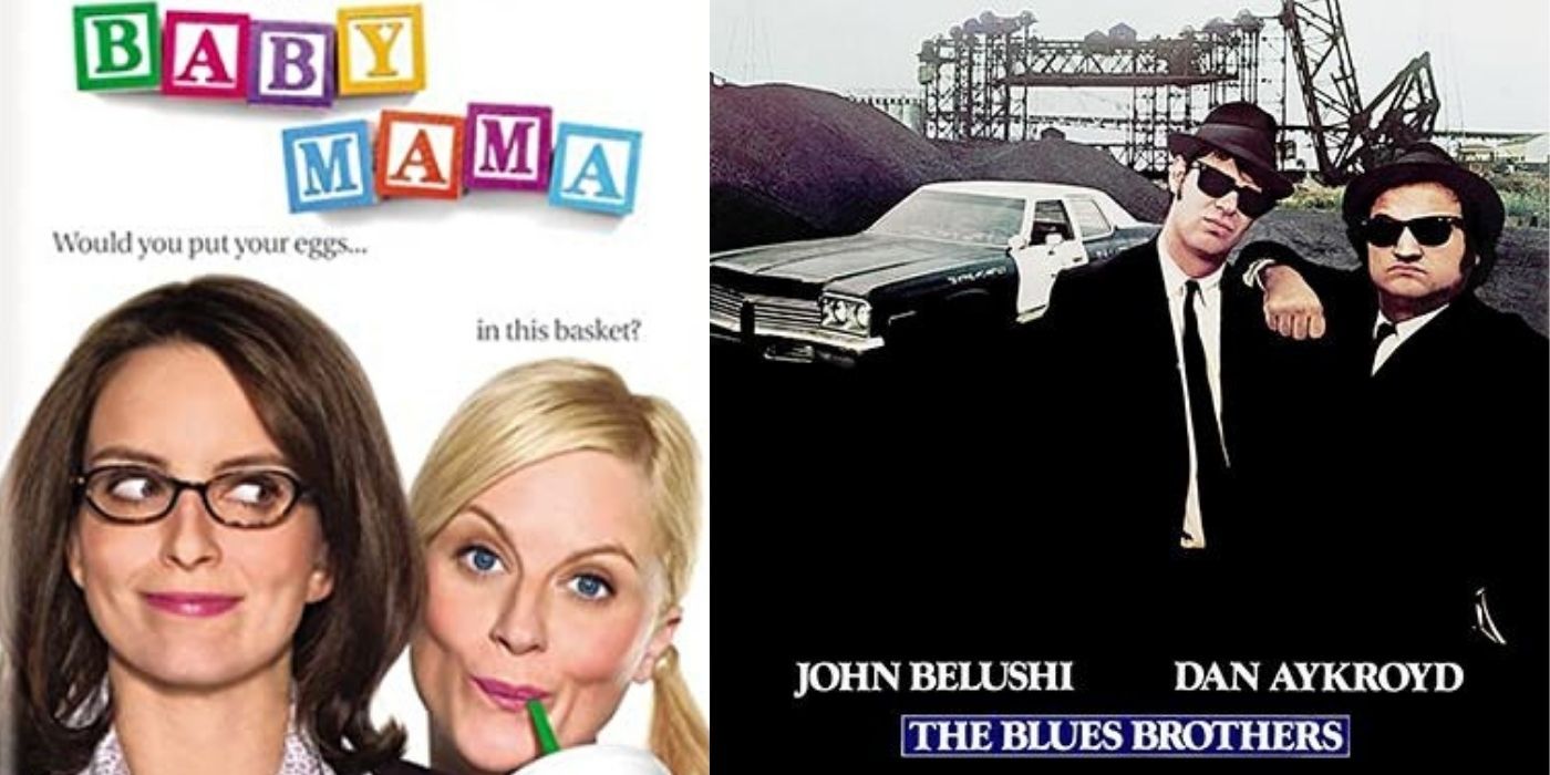 Split image of promo posters for Baby Mama and The Blues Brothers