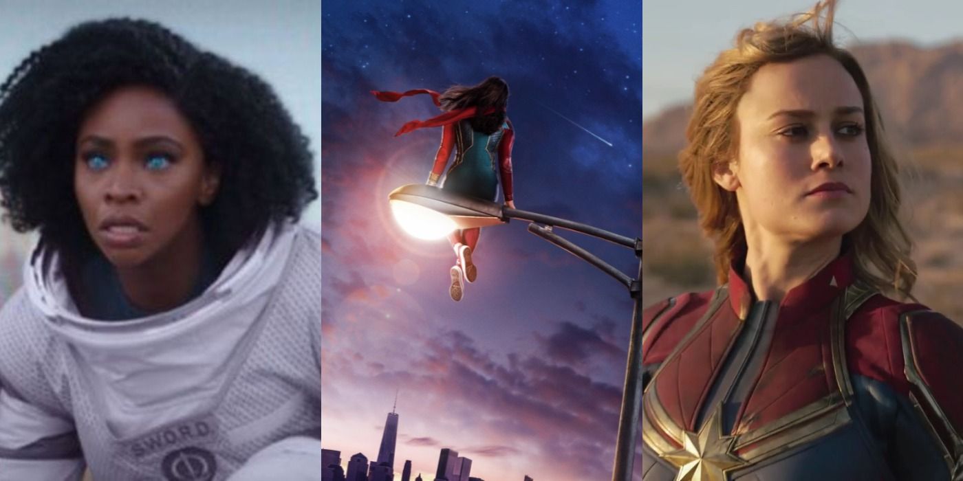 Split image of Monica Rambeau, Ms. Marvel, and Captain Marvel from the MCU.