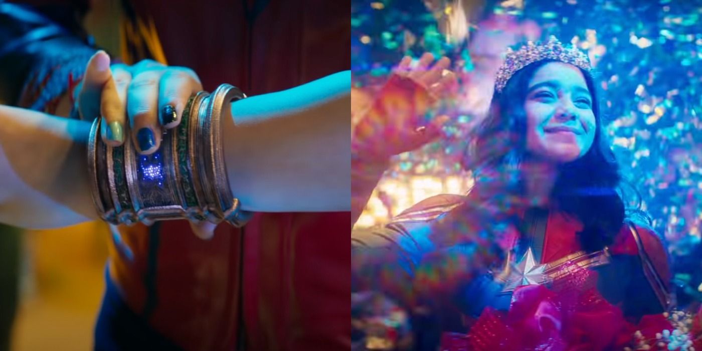 Split image of Ms. Marvel adjusting power cuff and being Captain Marvel in Ms. Marvel trailer.