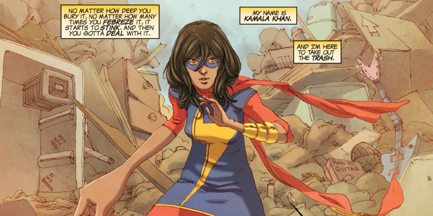 Ms. Marvel prepares to fight in Marvel Comics.