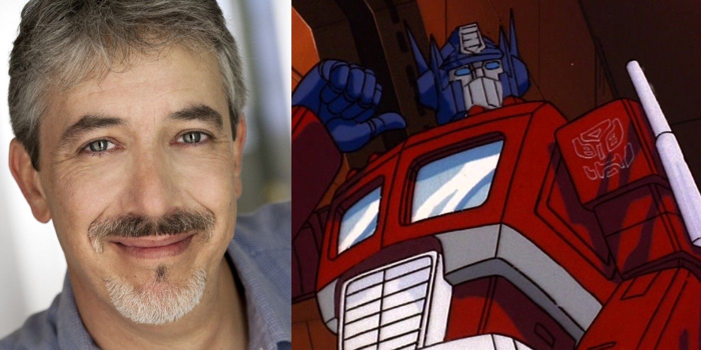 A split image of Neil Kaplan smiling and Optimus Prime pointing to himself in Transformers