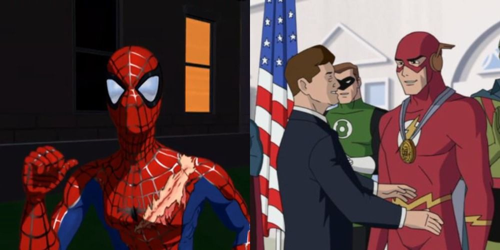 Split image showing Neil Patrick Harris as Spider-Man: The New Animated Series and The Flash in Justice League: The New Frontier .