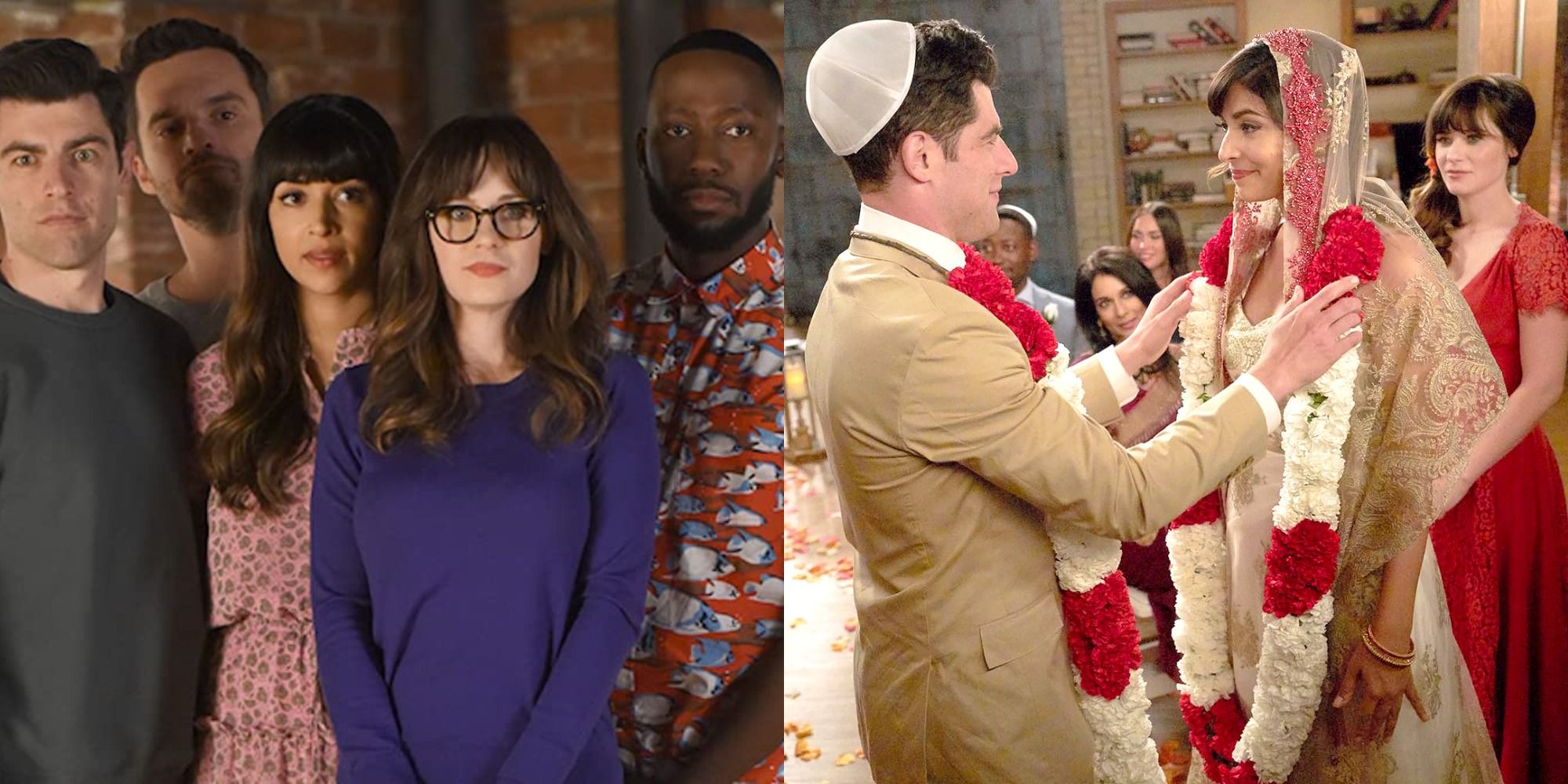 Split image showing the cast of New Girl and Schmidt and Cece's wedding