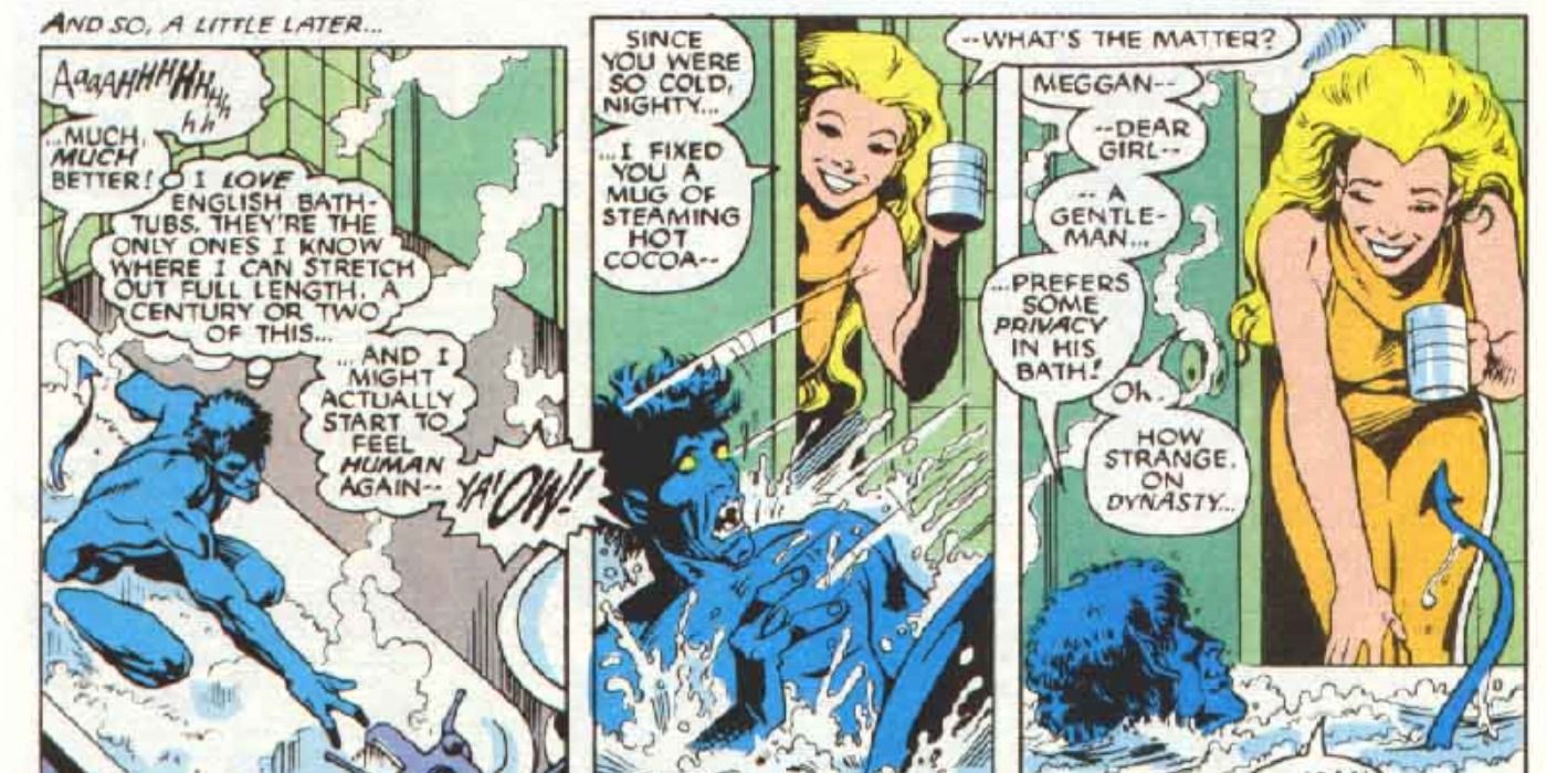Nightcrawler takes a bath in Excalibur comics.