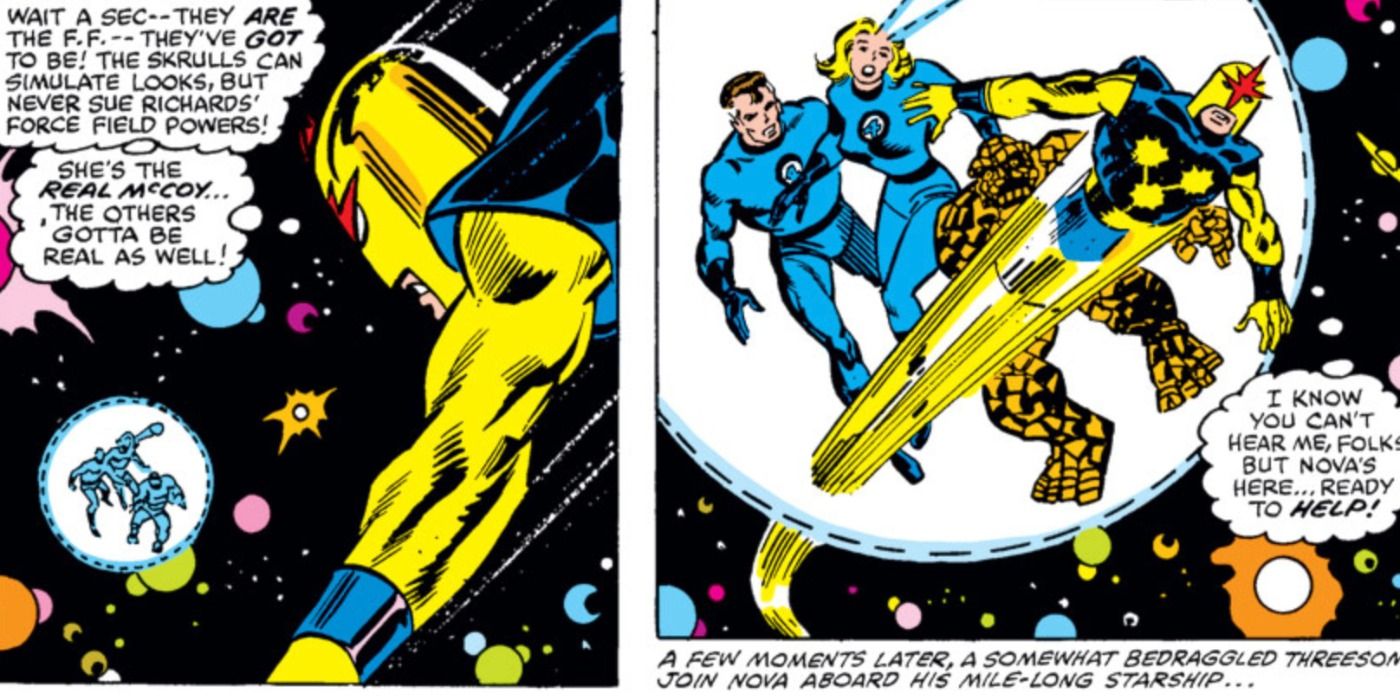 Nova saves the Fantastic Four in Marvel Comics.