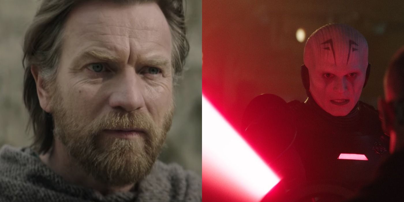Split image of Obi-Wan Kenobi and the Grand Inquisitor with his ignited lightsaber