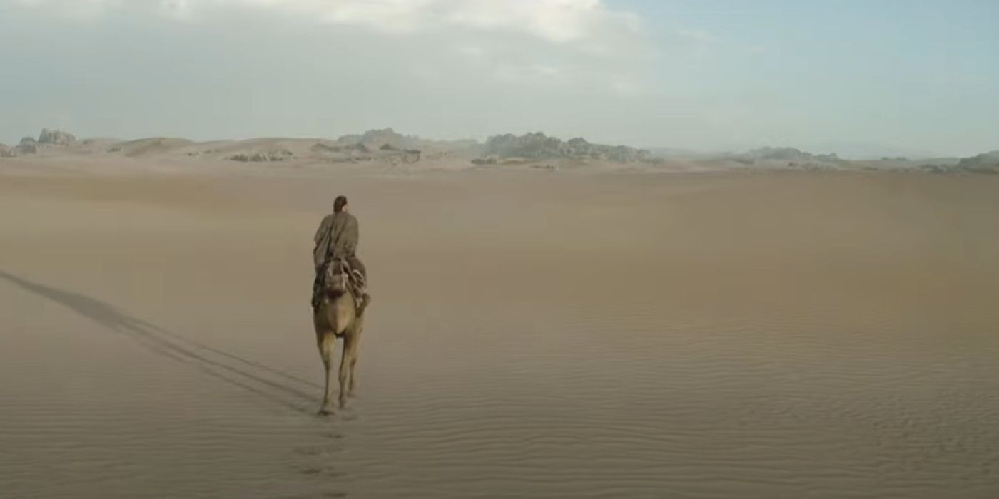 Obi-Wan Kenobi rides an eopie on Tatooine in the Kenobi streaming series.