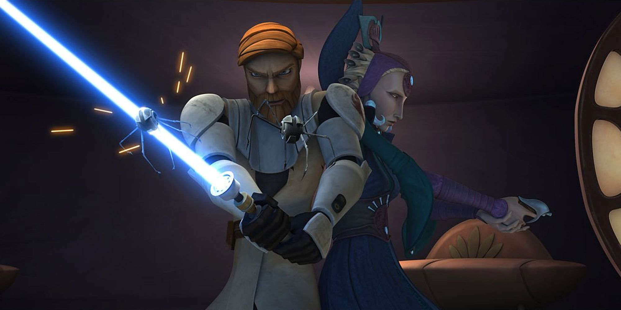 Obi-Wan Kenobi fighting back-to-back with Duchess Satine in Star Wars The Clone Wars