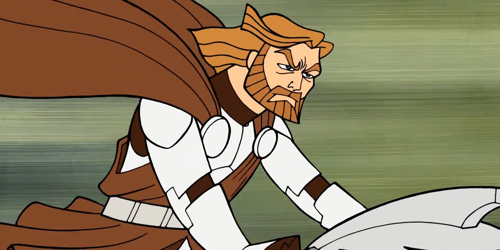 Obi Wan Kenobi riding on a speeder bike in Star Wars Clone Wars 2003