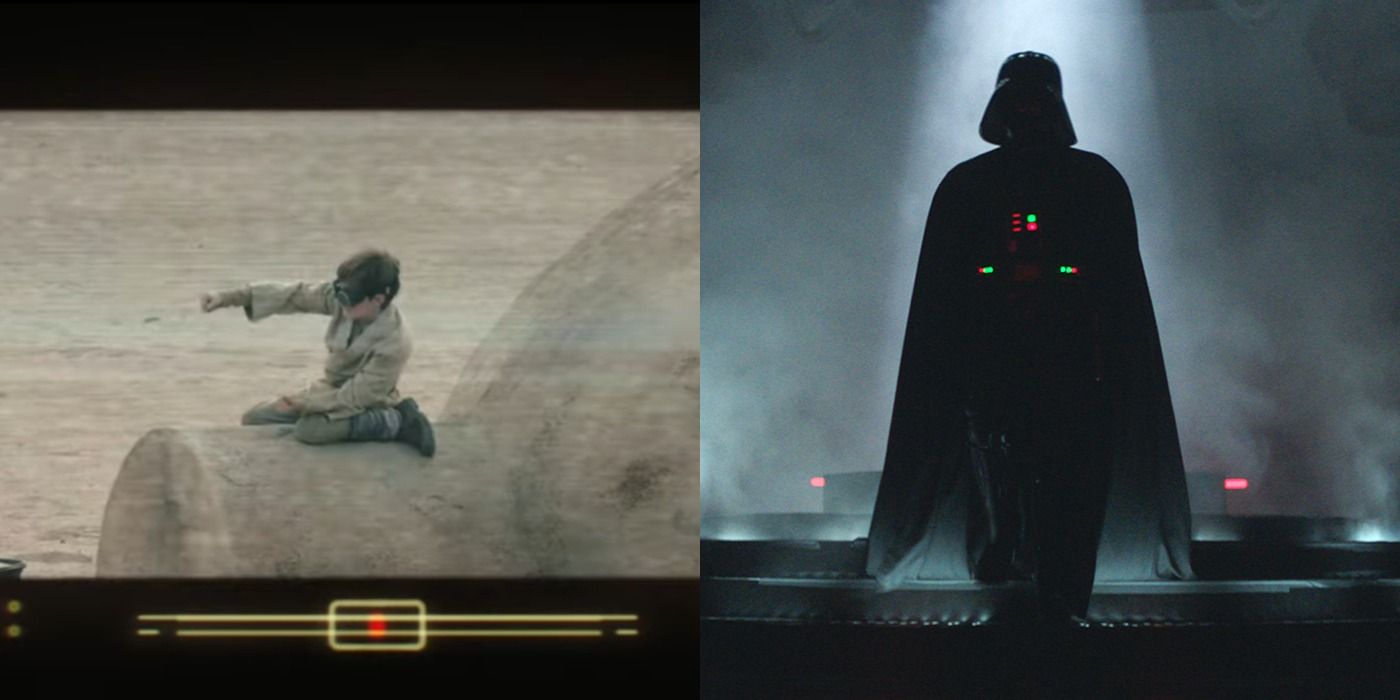 Split image of young Luke Skywalker and Darth Vader from Obi-Wan Kenobi.
