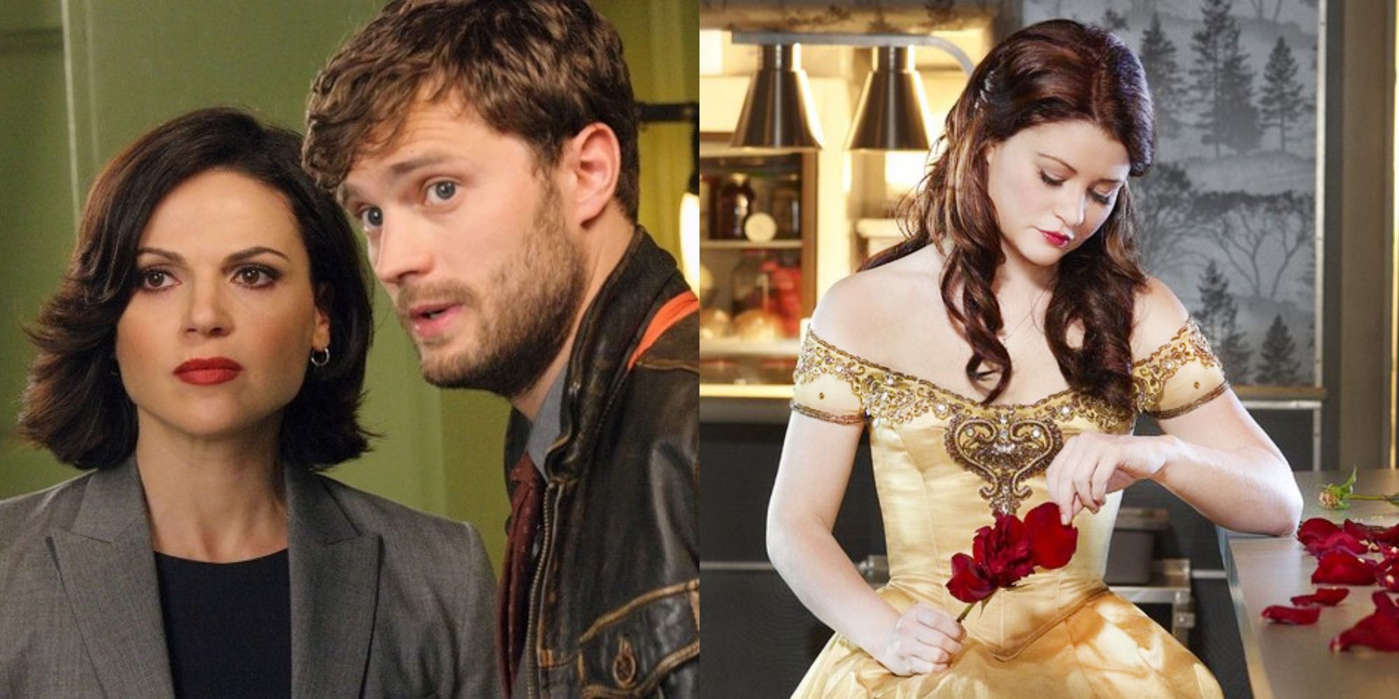 Split image showing Regina and Graham and Belle in OUAT