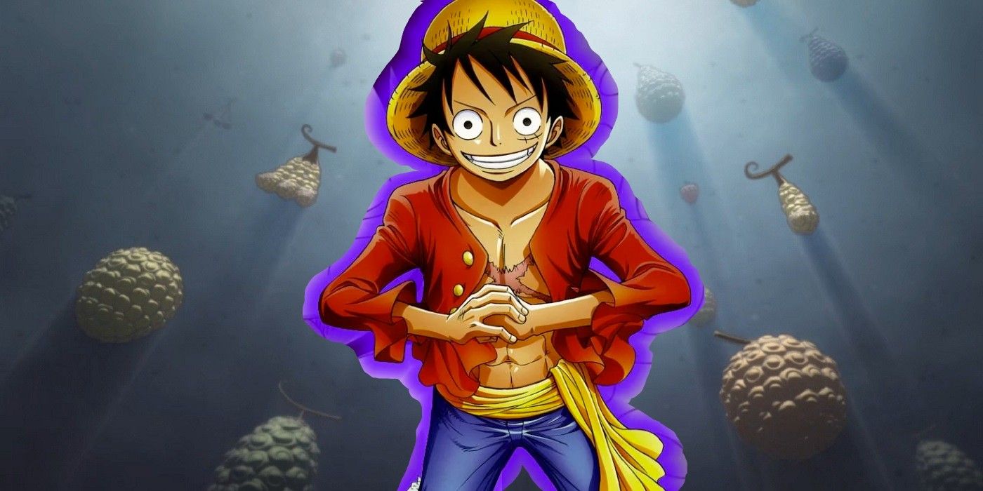 Blended image of Luffy and the devil fruits from One Piece.