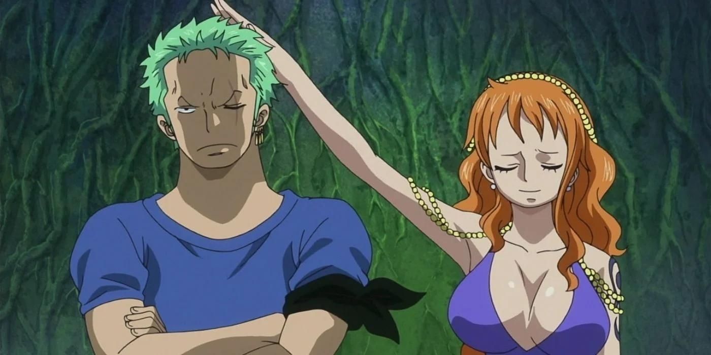 Nami ruffling Zoro's hair in One Piece