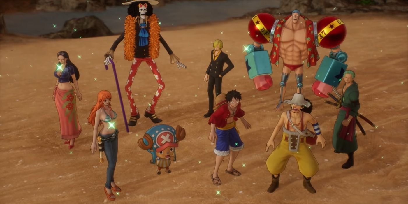 The cast of One Piece Odyssey, all standing on a beach.