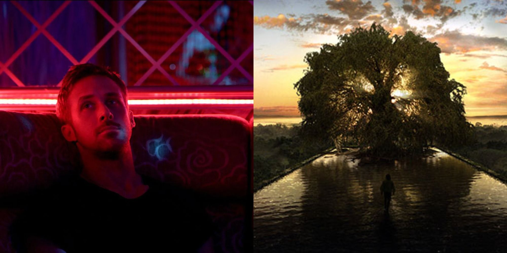 Split image showing Ryan Gosling in Only God Forgives and a large tree in The Fountain