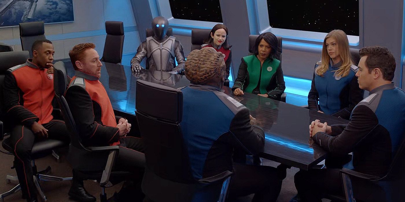 The crew of the The Orville in a briefing room