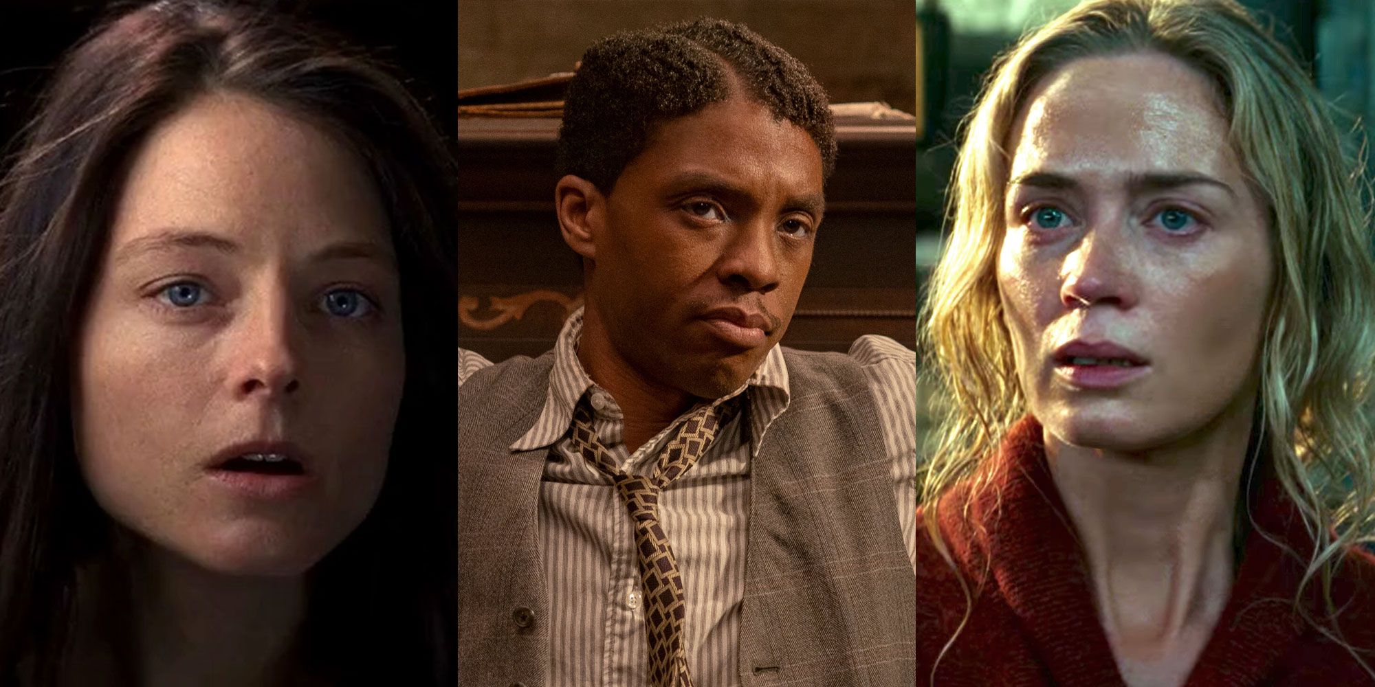 Split image of Jodie Foster, Chadwick Boseman, and Emily Blunt