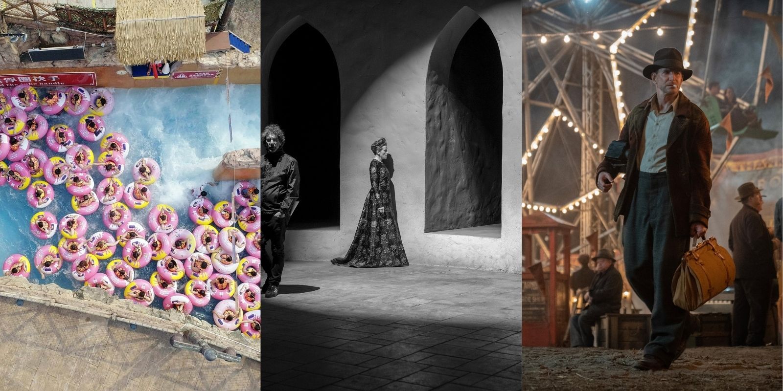 Split image of a mural in Ascension, the Tragedy of Macbeth and Nightmare Alley