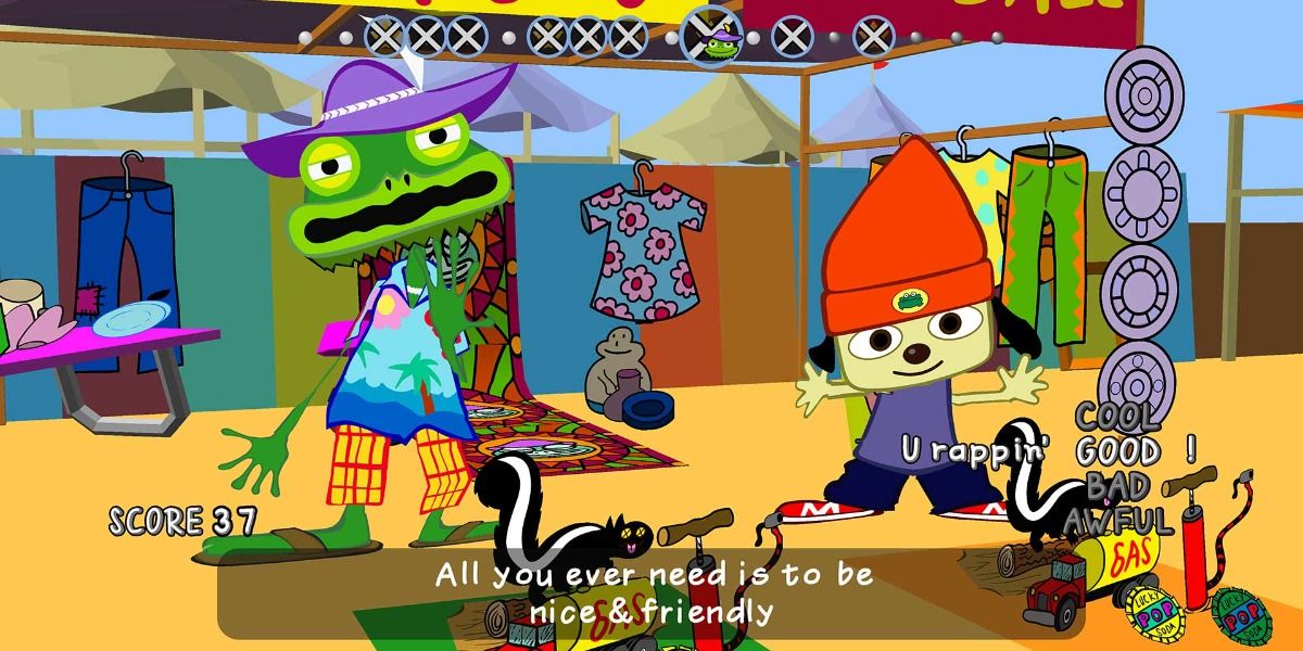 PaRappa faces off in a rap battle against a lizard from PaRappa The Rapper