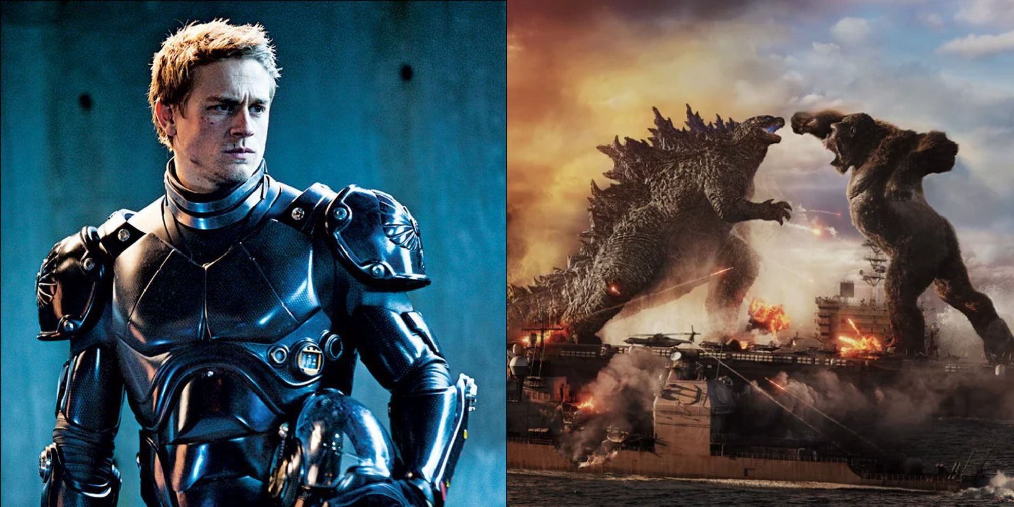 Split image showing Raleigh Becket in Pacific Rim and Godzilla fighting Kong in Godzilla vs. Kong