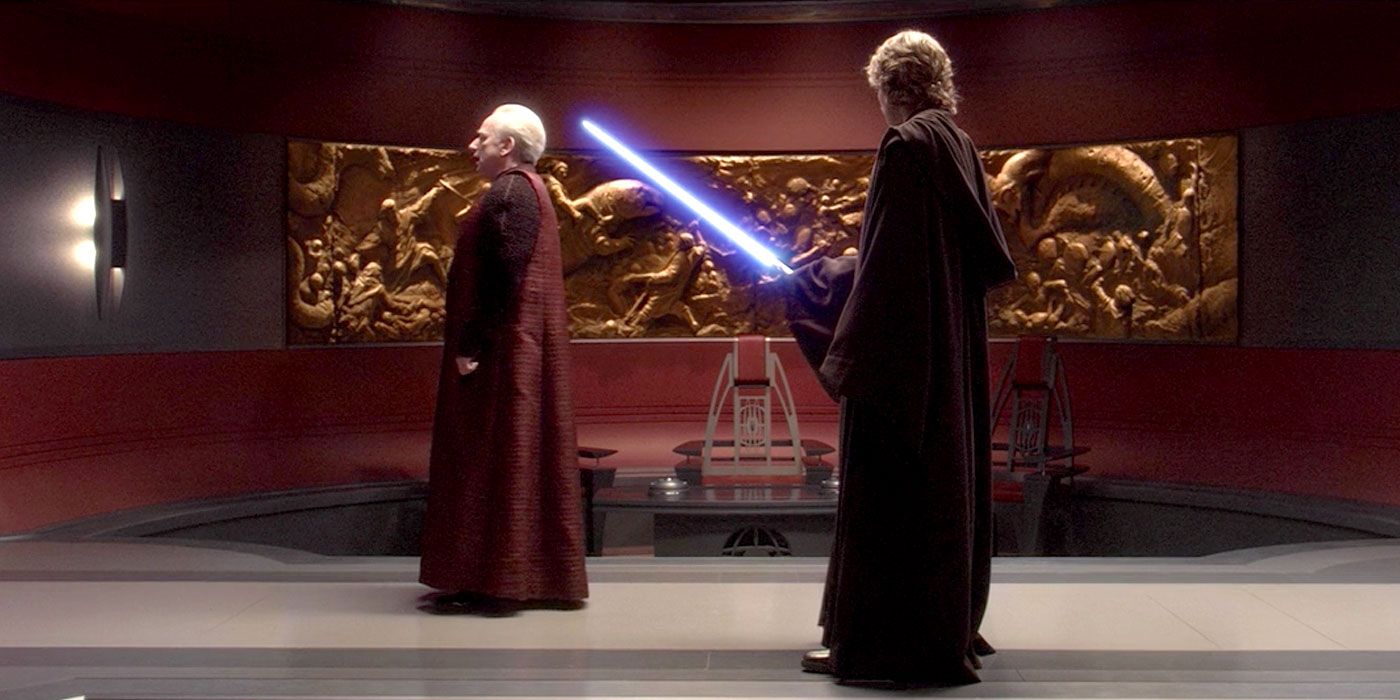 Anakin confronting Palpatine in front of an elaborate wall-mounted carving.