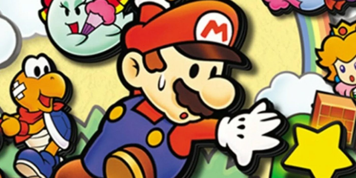Mario and the supporting cast behind him in Paper Mari cover art.