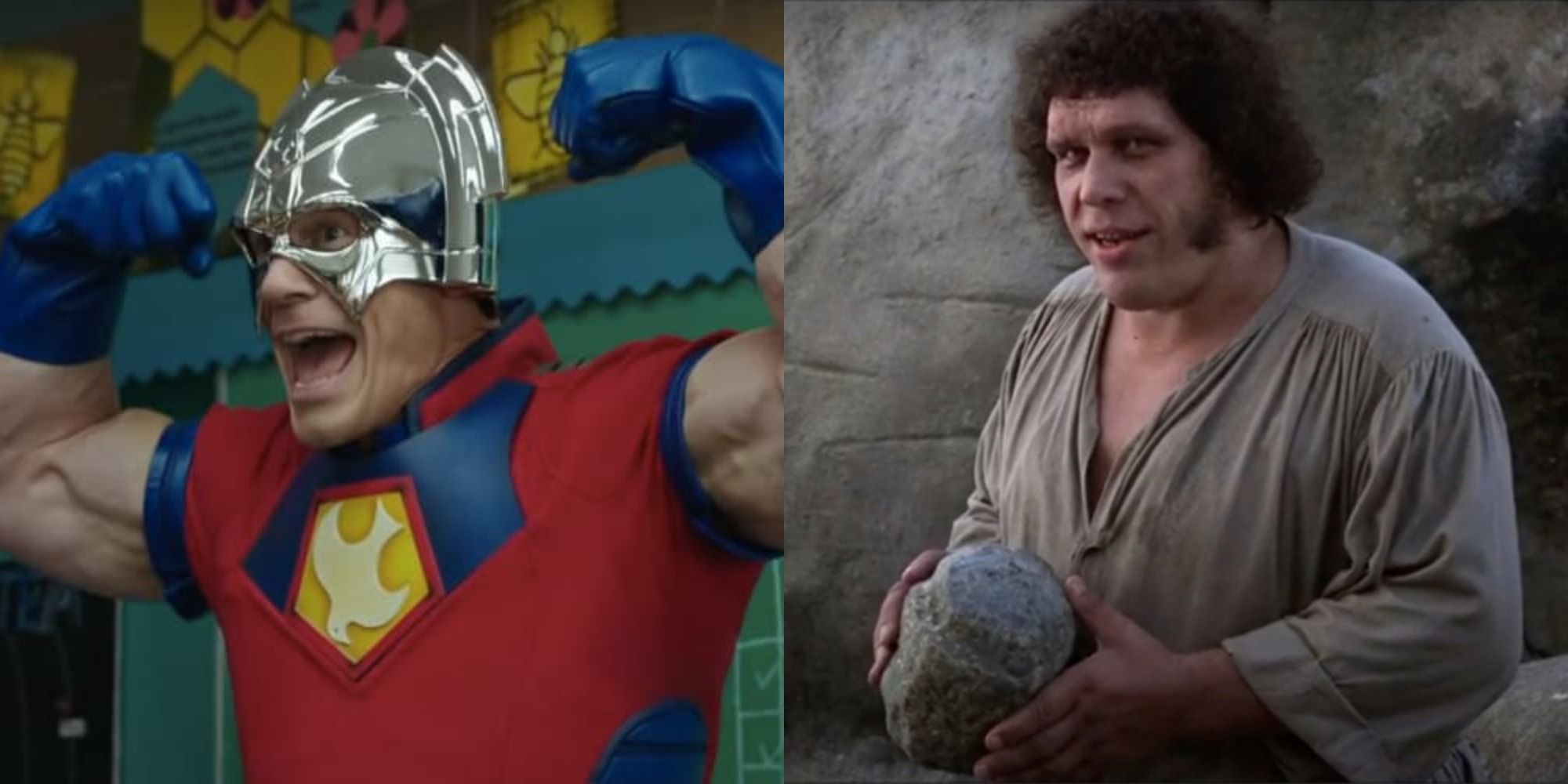 Split image showing Peacemaker flexing and Fezzek smiling in The Princess Bride