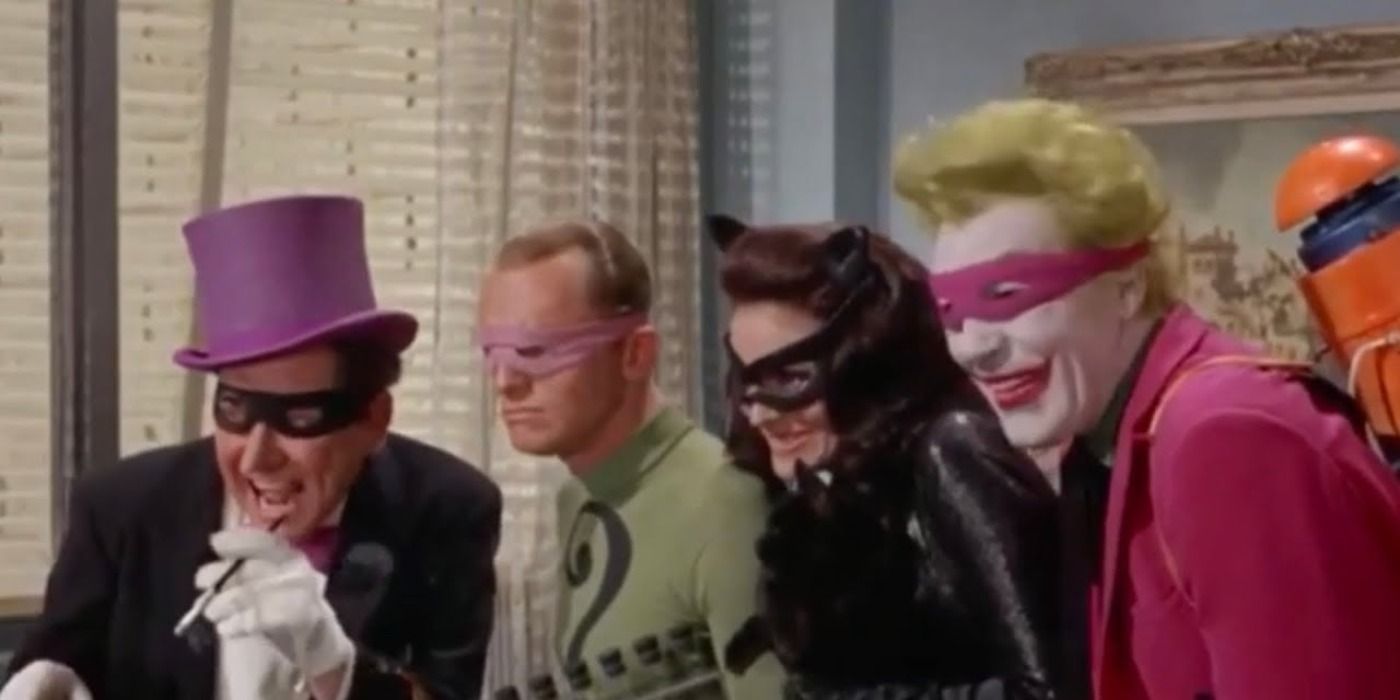 Penguin, Riddler, Catwoman, and Joker all grin in Batman 66