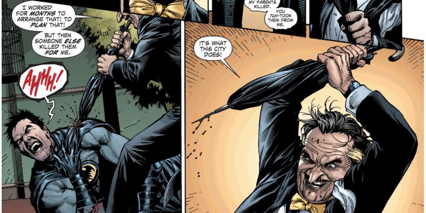 Penguin fighting Batman in DC comics.