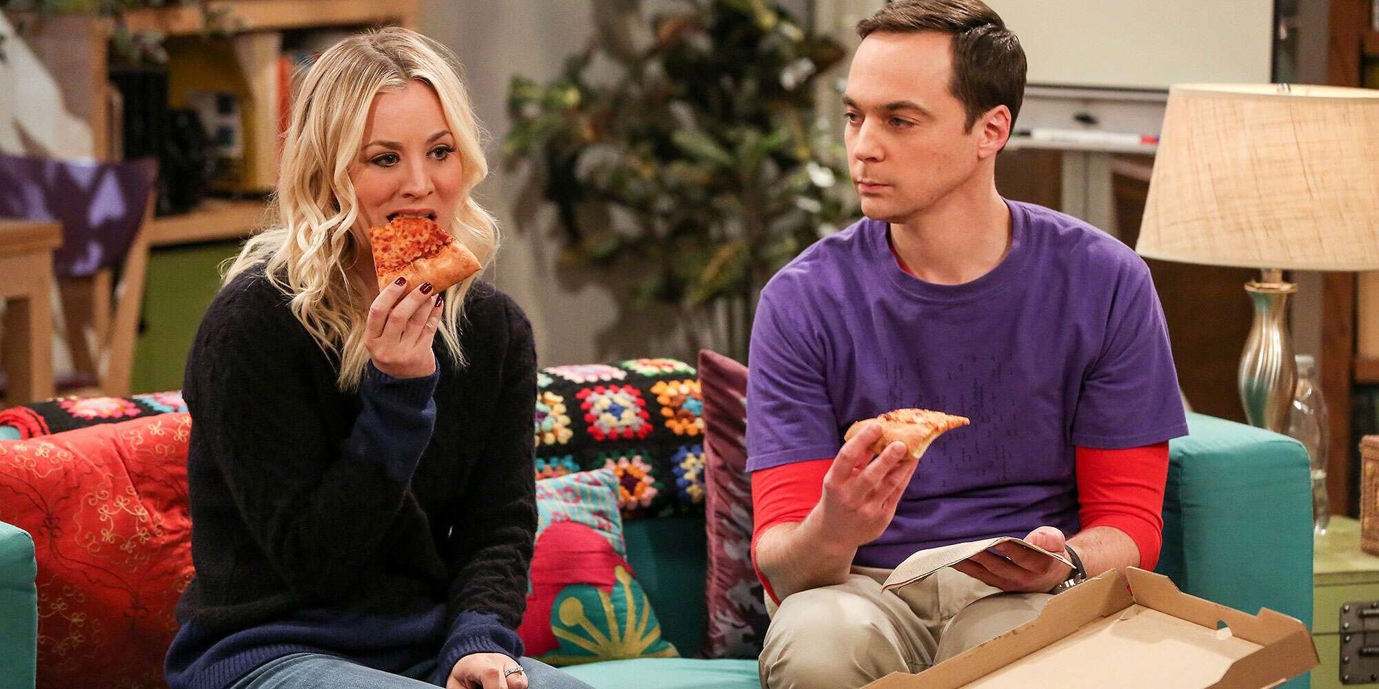 Penny and Sheldon eating a pizza in his apartment in The Big Bang Theory