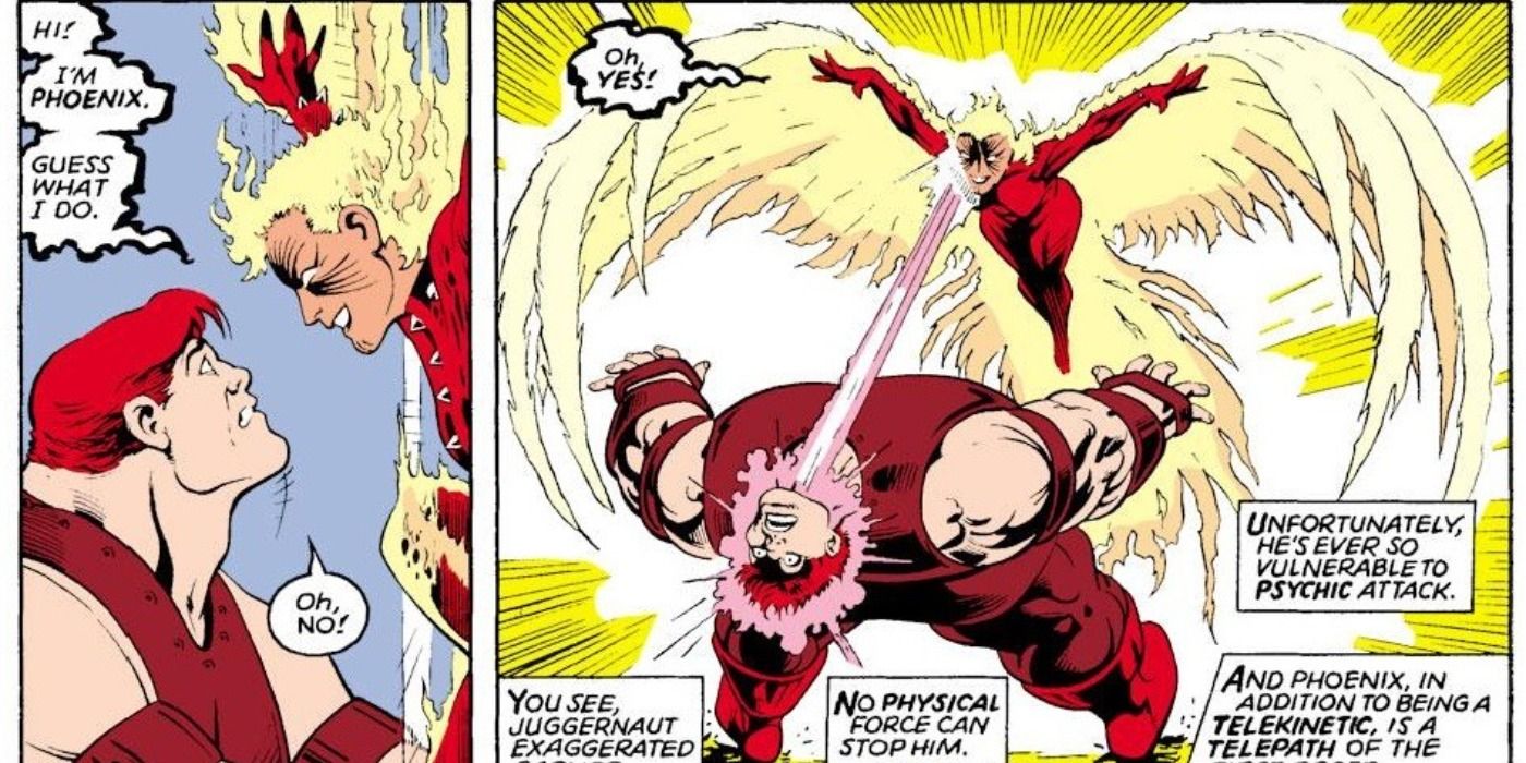 Phoenix fights Juggernaut in Marvel Comics.