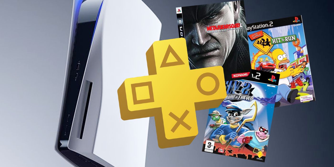 Tela de anúncio do PlayStation 5 com grande logotipo, console e alguns jogos populares do PS2