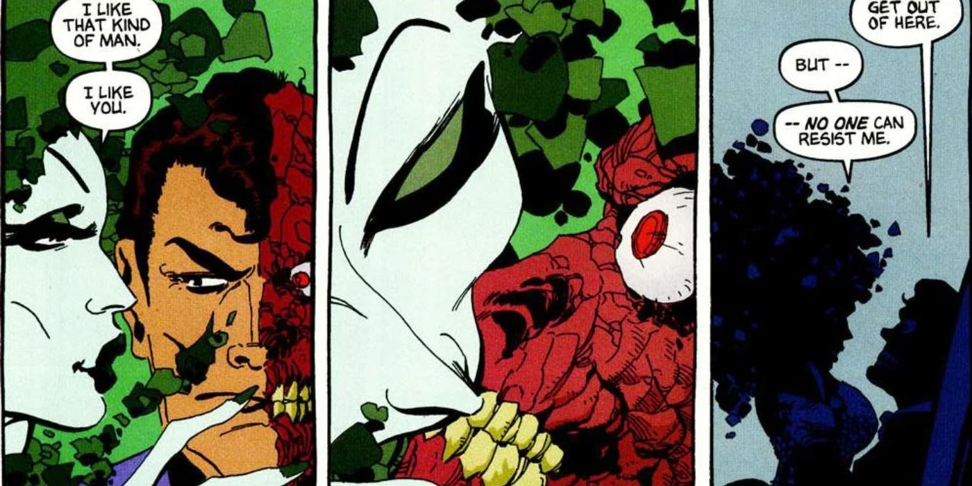 Poison Ivy tries to seduce Two Face in DC Comics.