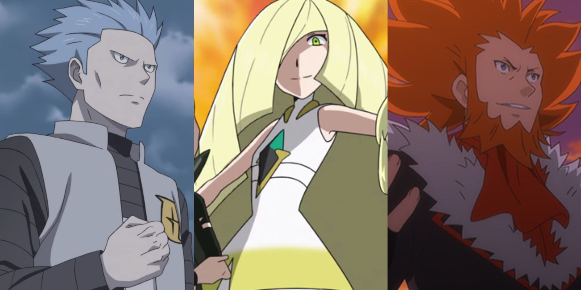 Split image showing Cyrus, Lusamine, and Lysandre in the Pokémon anime