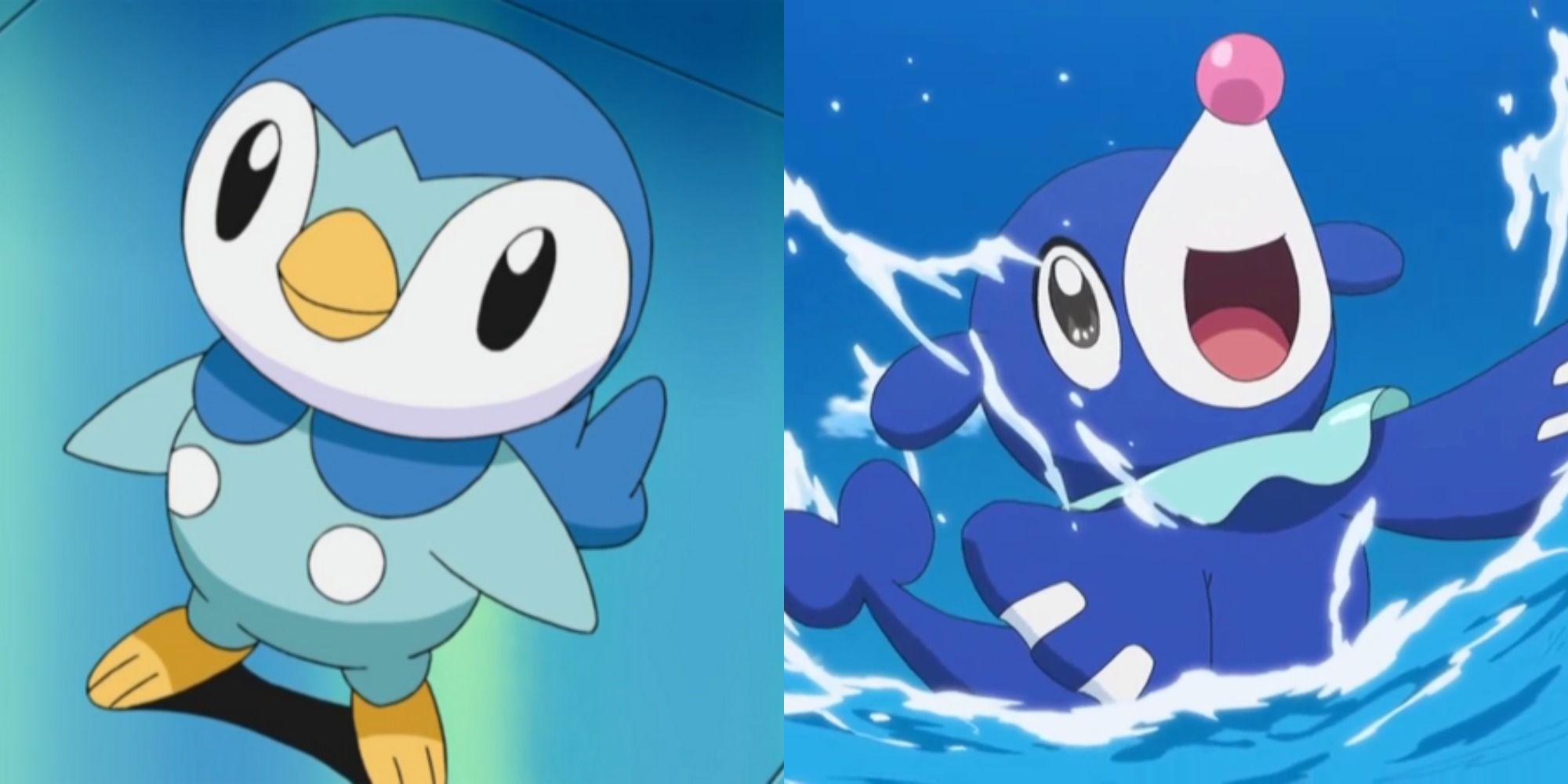 Split image showing Piplup and Popplio in the Pokémon anime