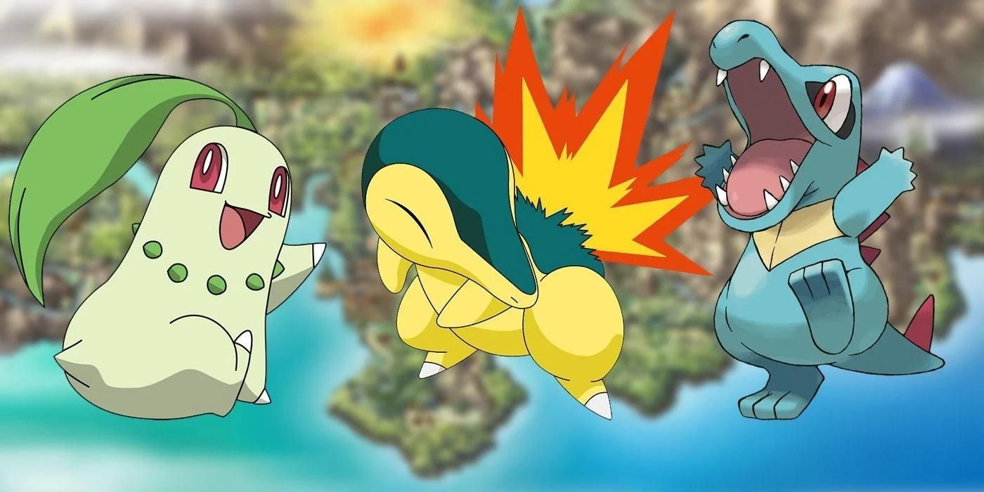 Chikorita, Cyndaquil, and Totodile Pokemon against a Johto background