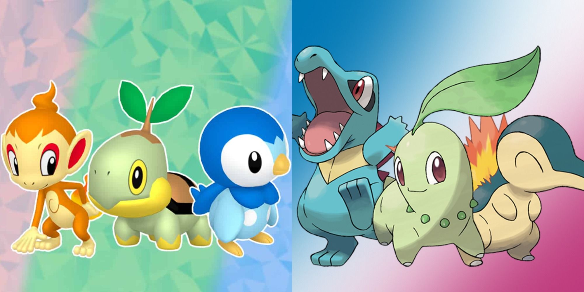 Split image showing the Sinnoh and Johto Starters from Pokémon