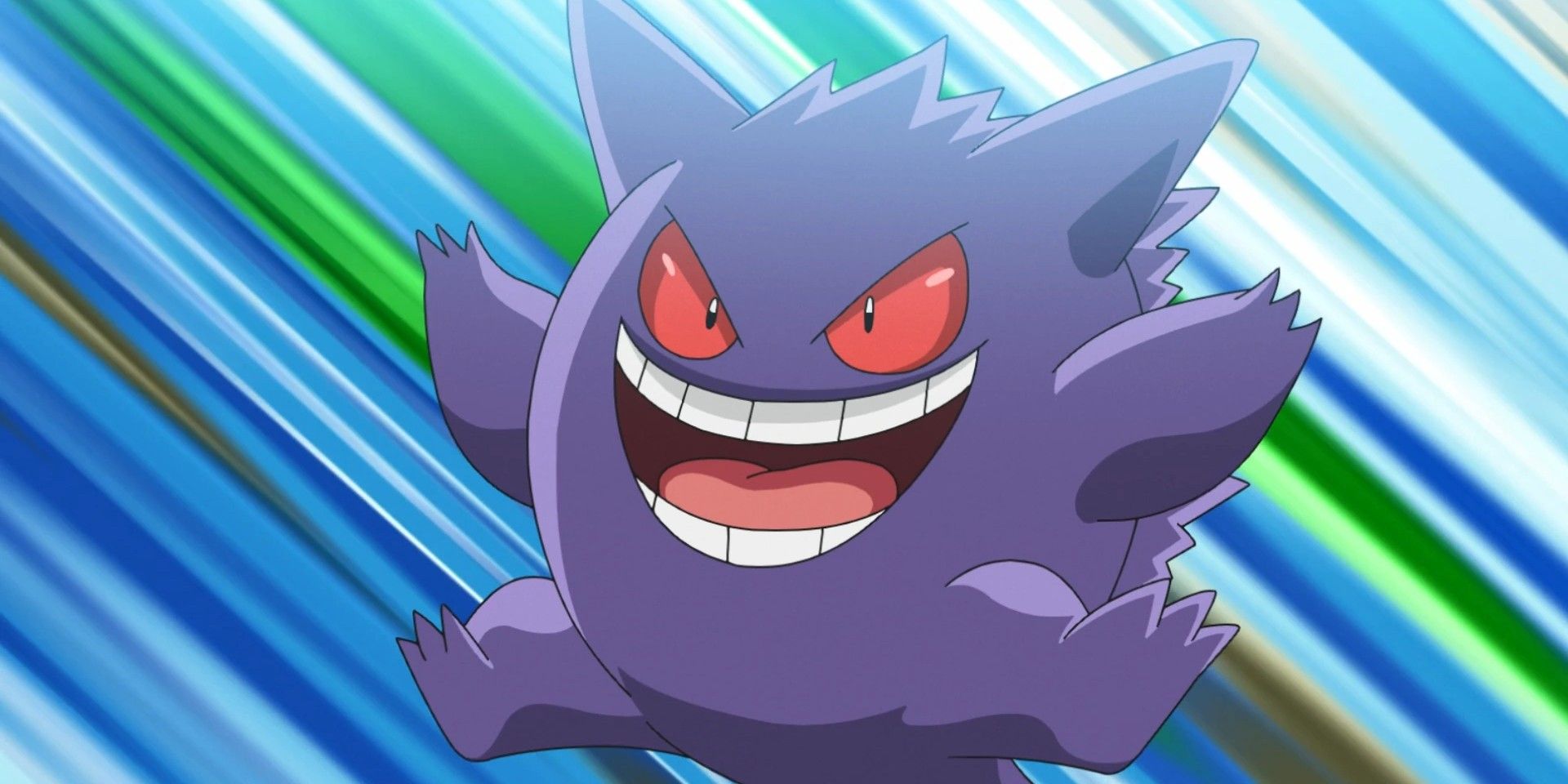 Ash's Gengar smiling in the Pokémon anime.
