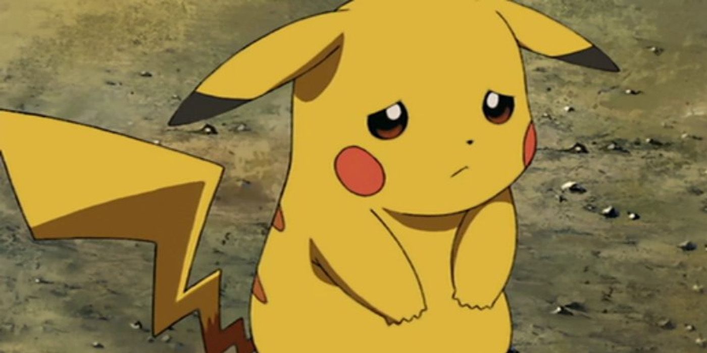 Pikachu looking sad with his ears down in the Pokémon anime